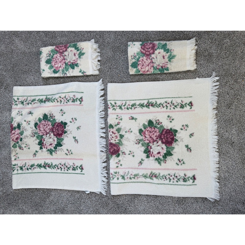 Vintage Franco Floral Rose Towel Set 4pc Pink Burgundy Fringe Made in USA